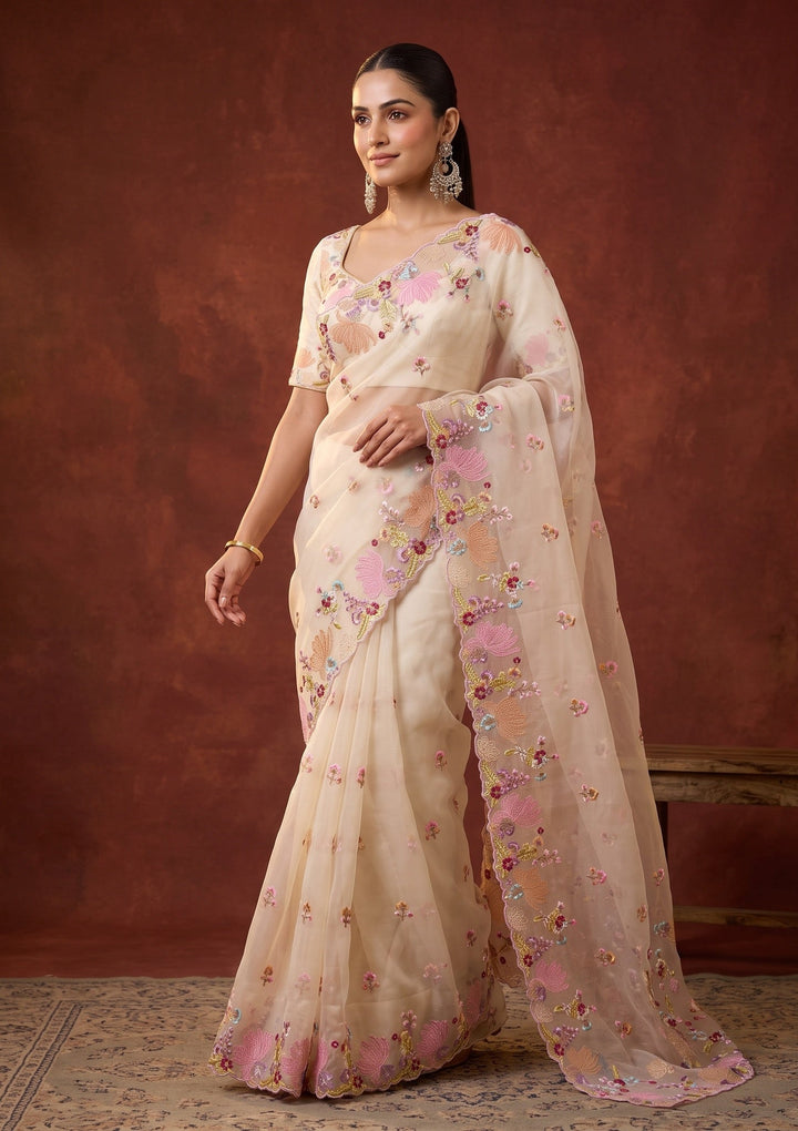 Beige Threadwork Organza Saree