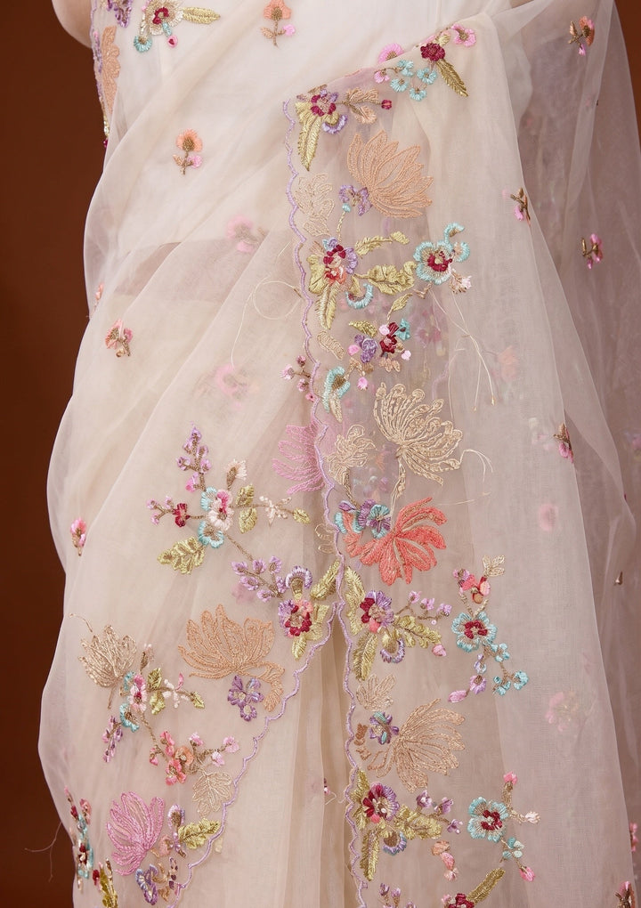 Beige Threadwork Organza Saree