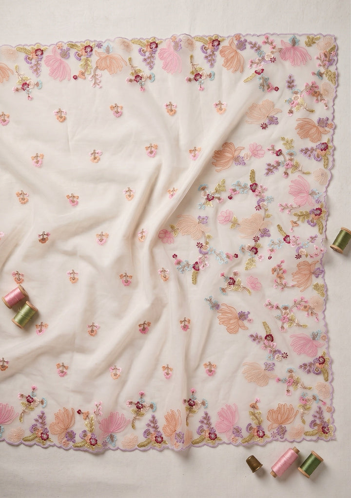 Beige Threadwork Organza Saree