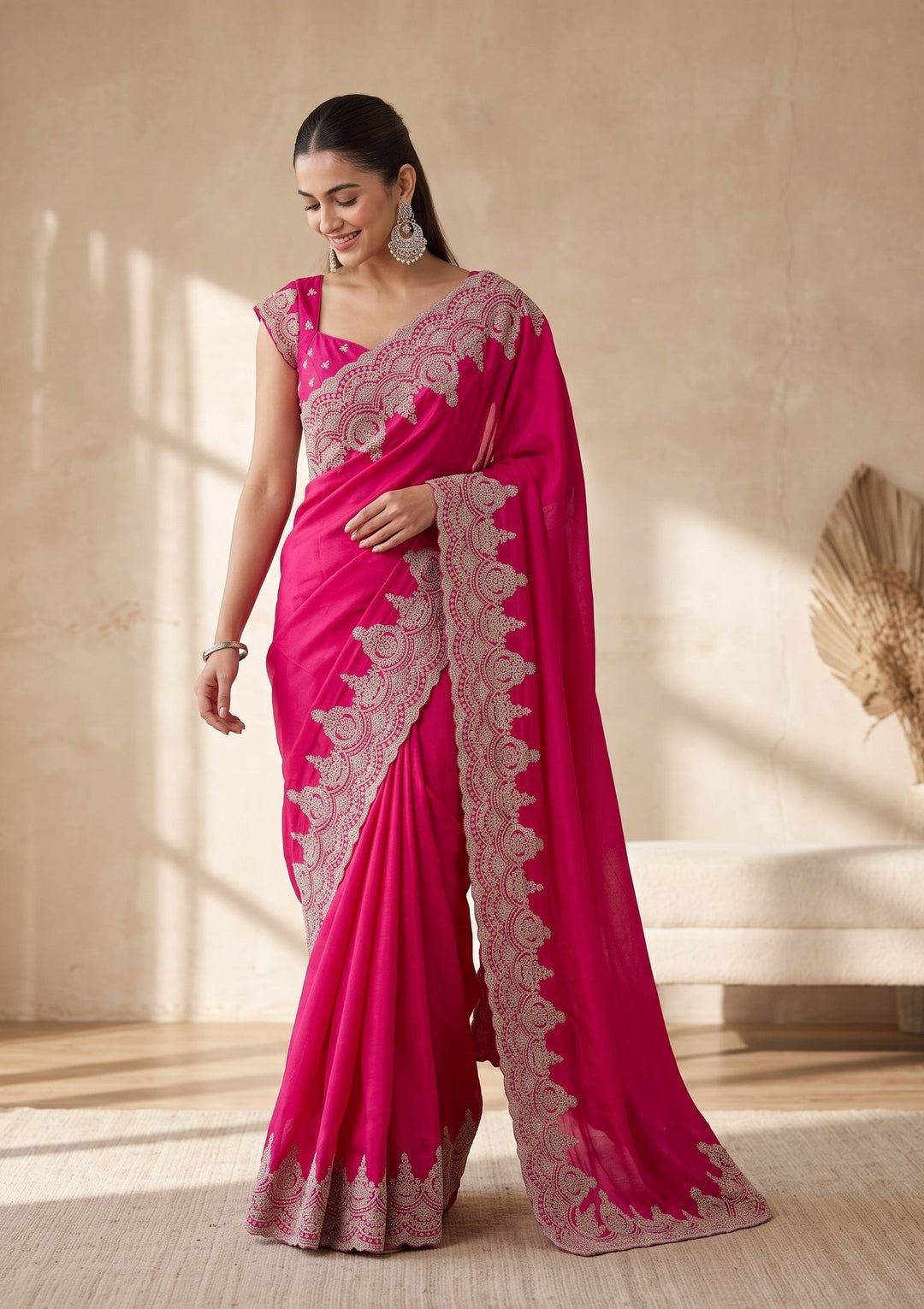 Rani Pink Stonework (Gold) Satin Saree
