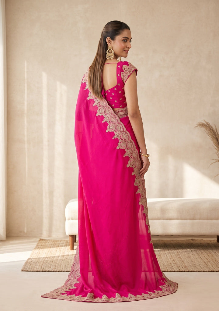 Rani Pink Stonework (Gold) Satin Saree