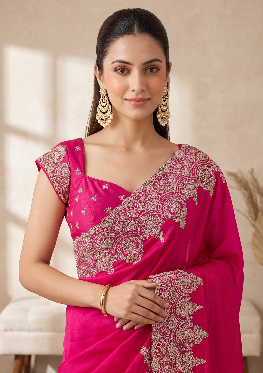 Rani Pink Stonework (Gold) Satin Saree