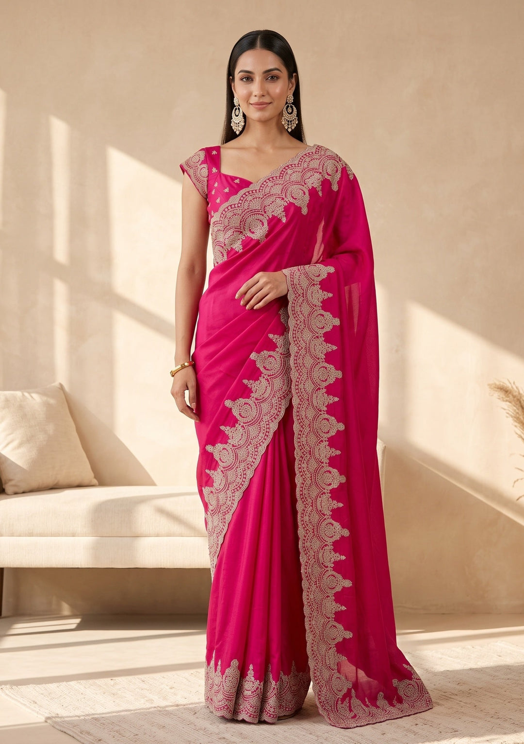 Rani Pink Stonework (Gold) Satin Saree