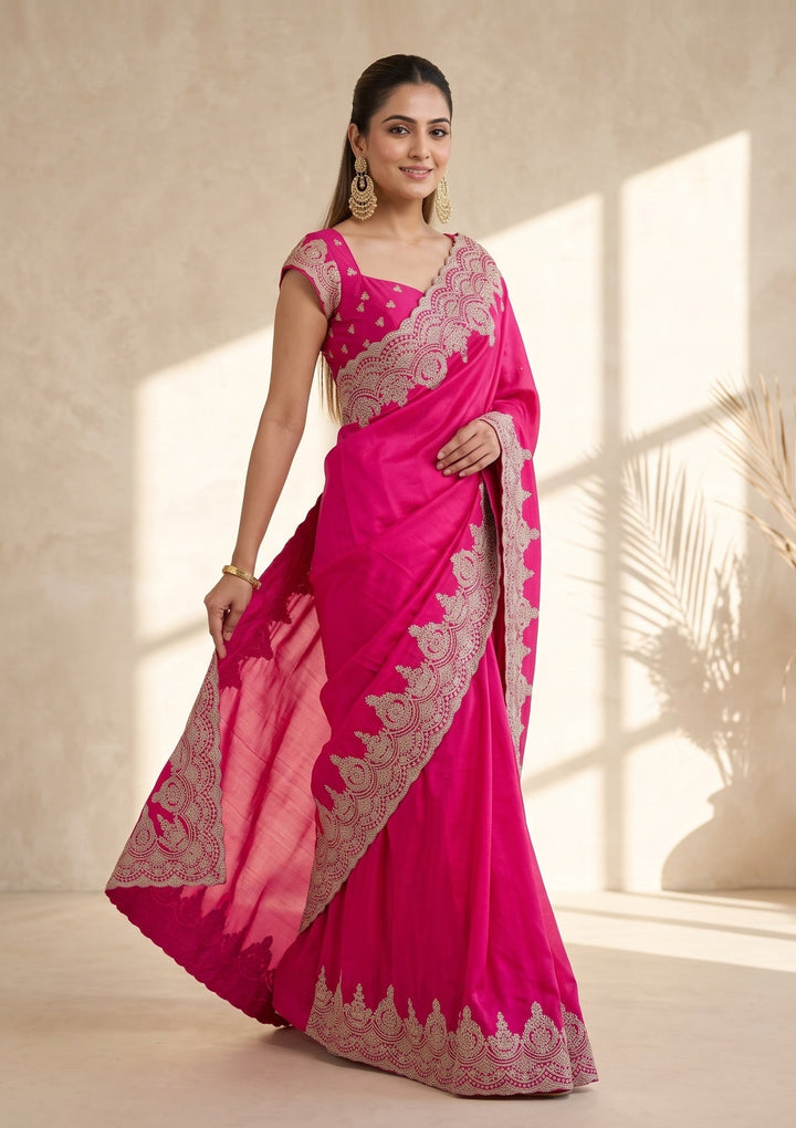 Rani Pink Stonework (Gold) Satin Saree