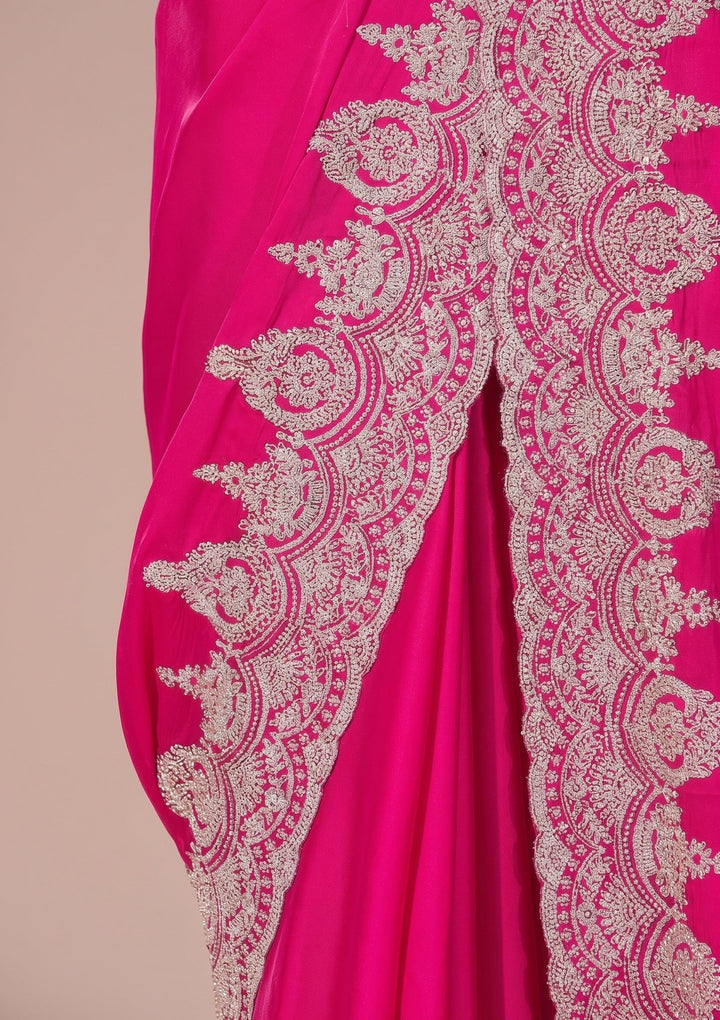 Rani Pink Stonework (Gold) Satin Saree