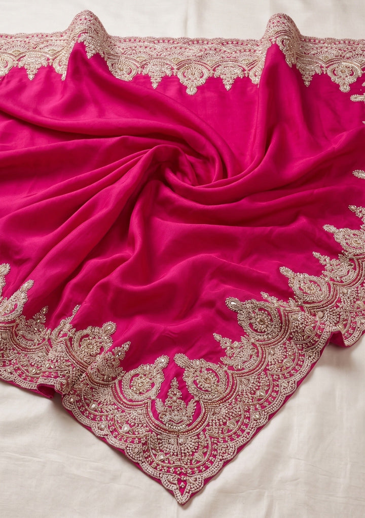 Rani Pink Stonework (Gold) Satin Saree