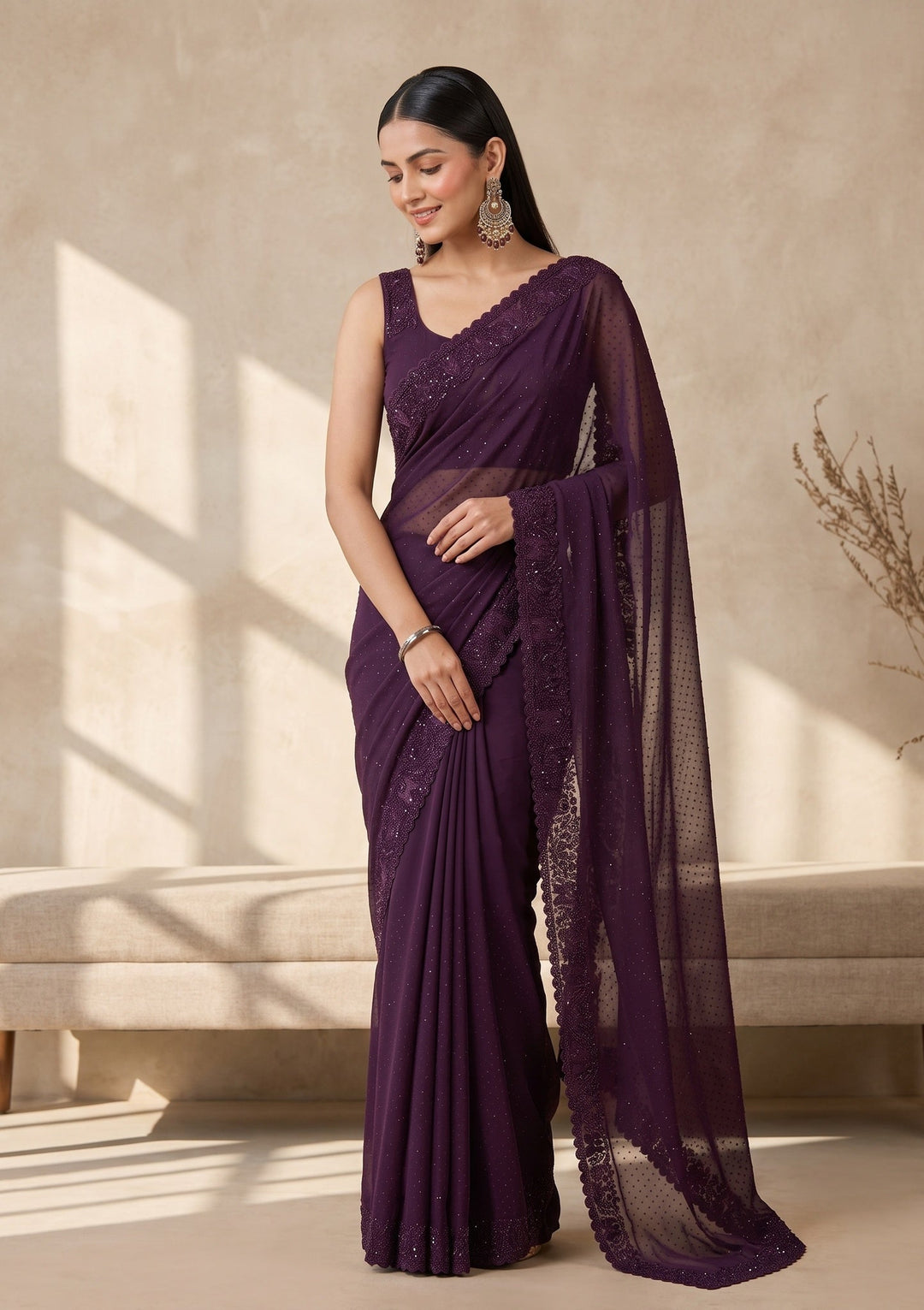 Purple Swarovski Georgette Saree