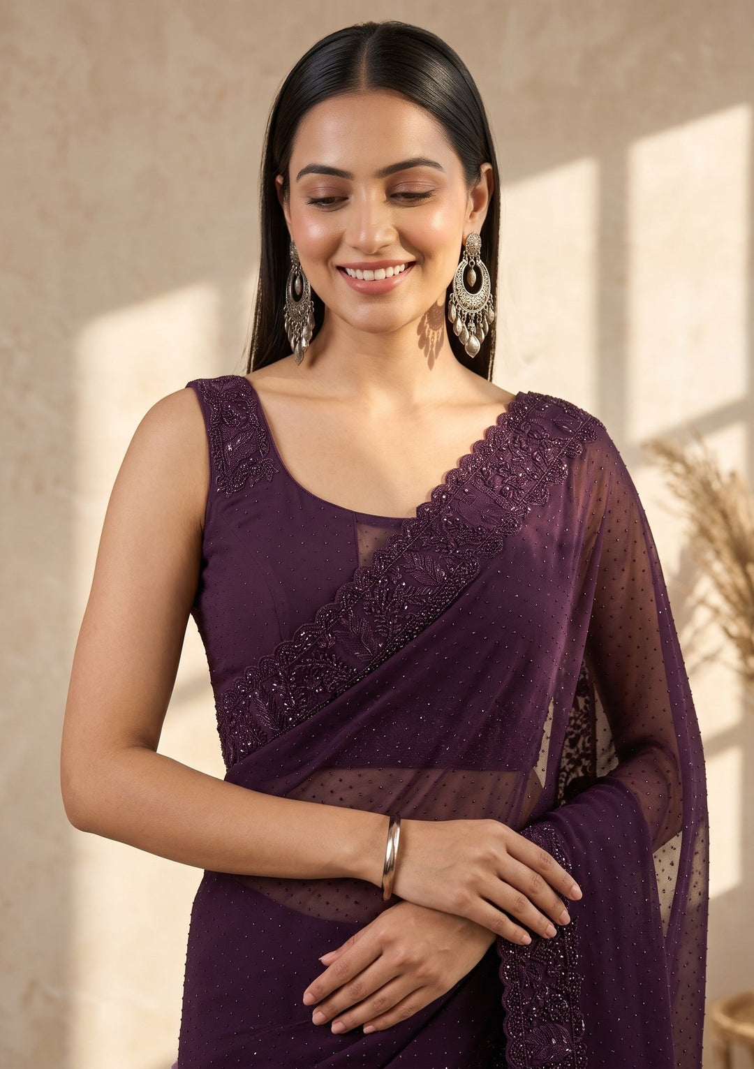 Purple Swarovski Georgette Saree