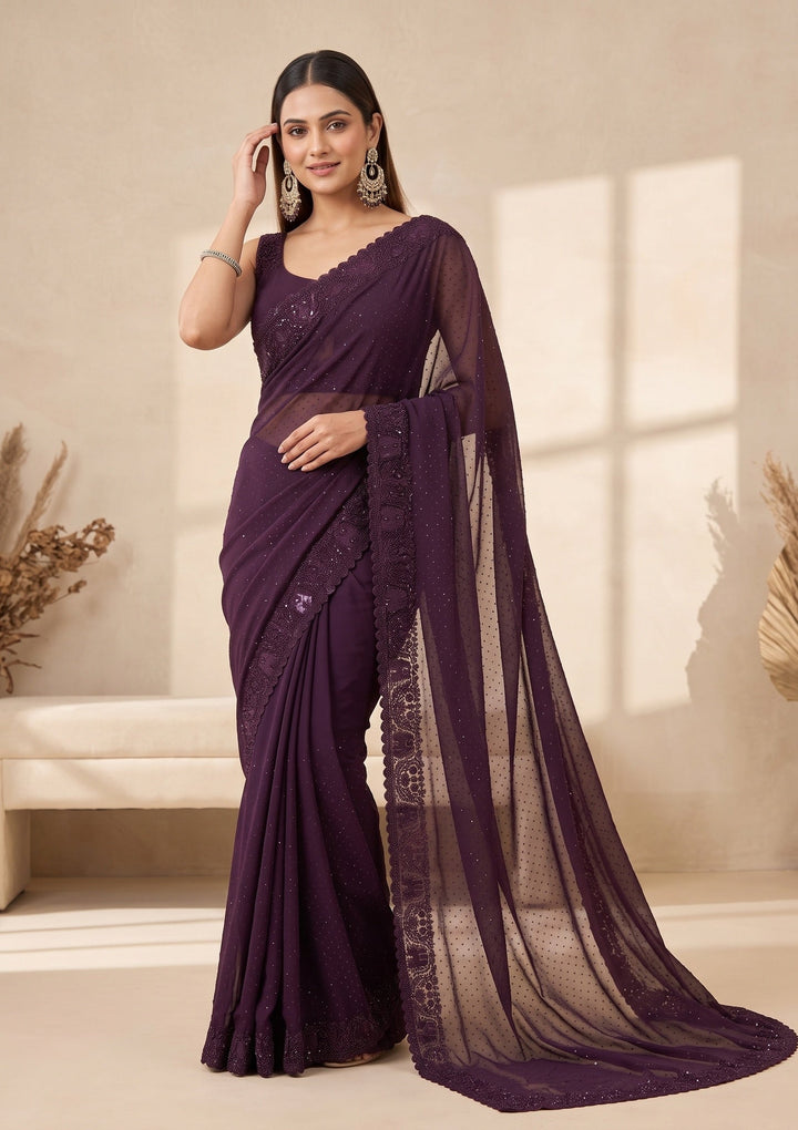 Purple Swarovski Georgette Saree