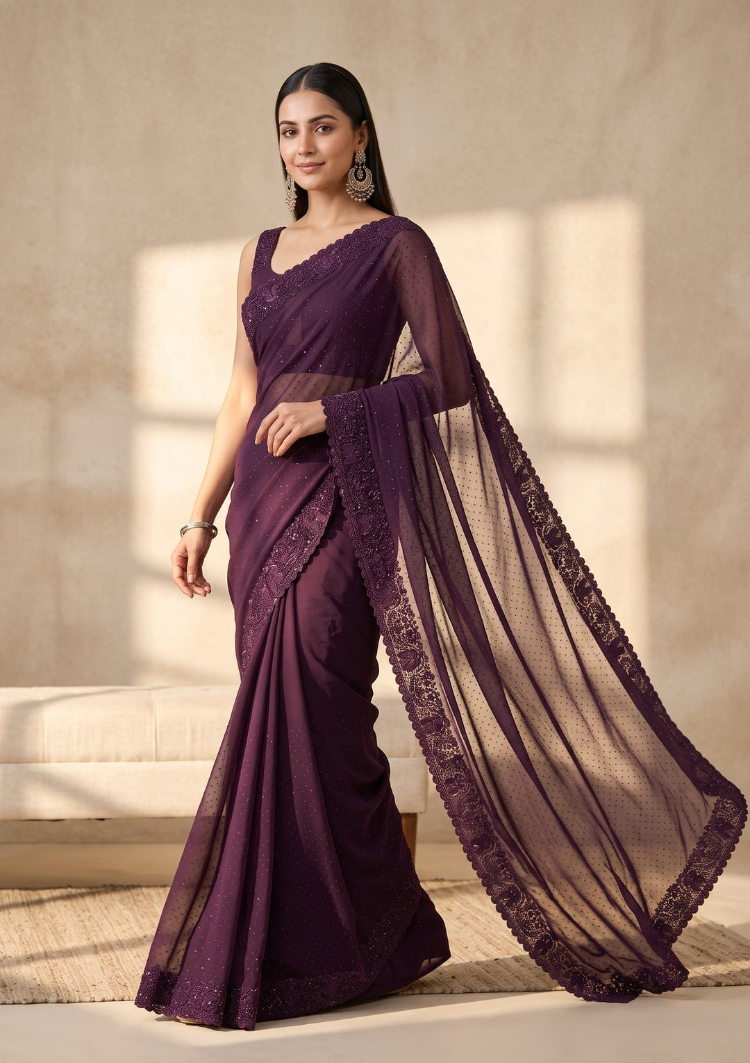 Purple Swarovski Georgette Saree