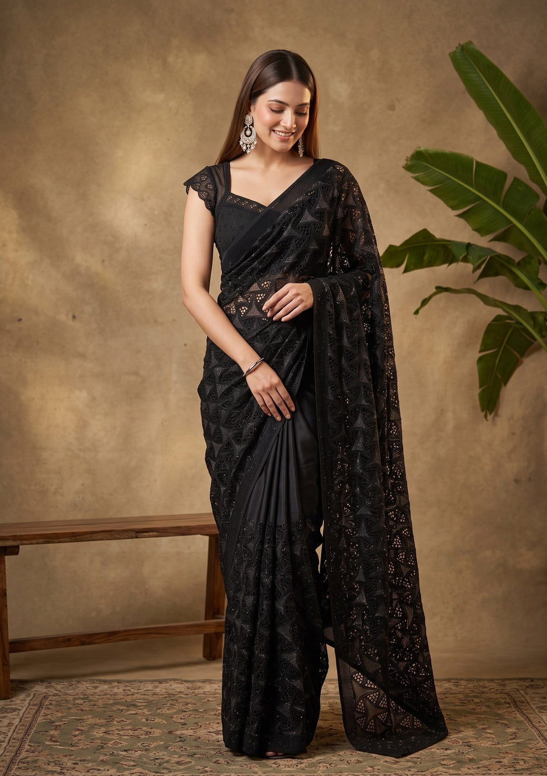 Black Swarovski Satin Saree