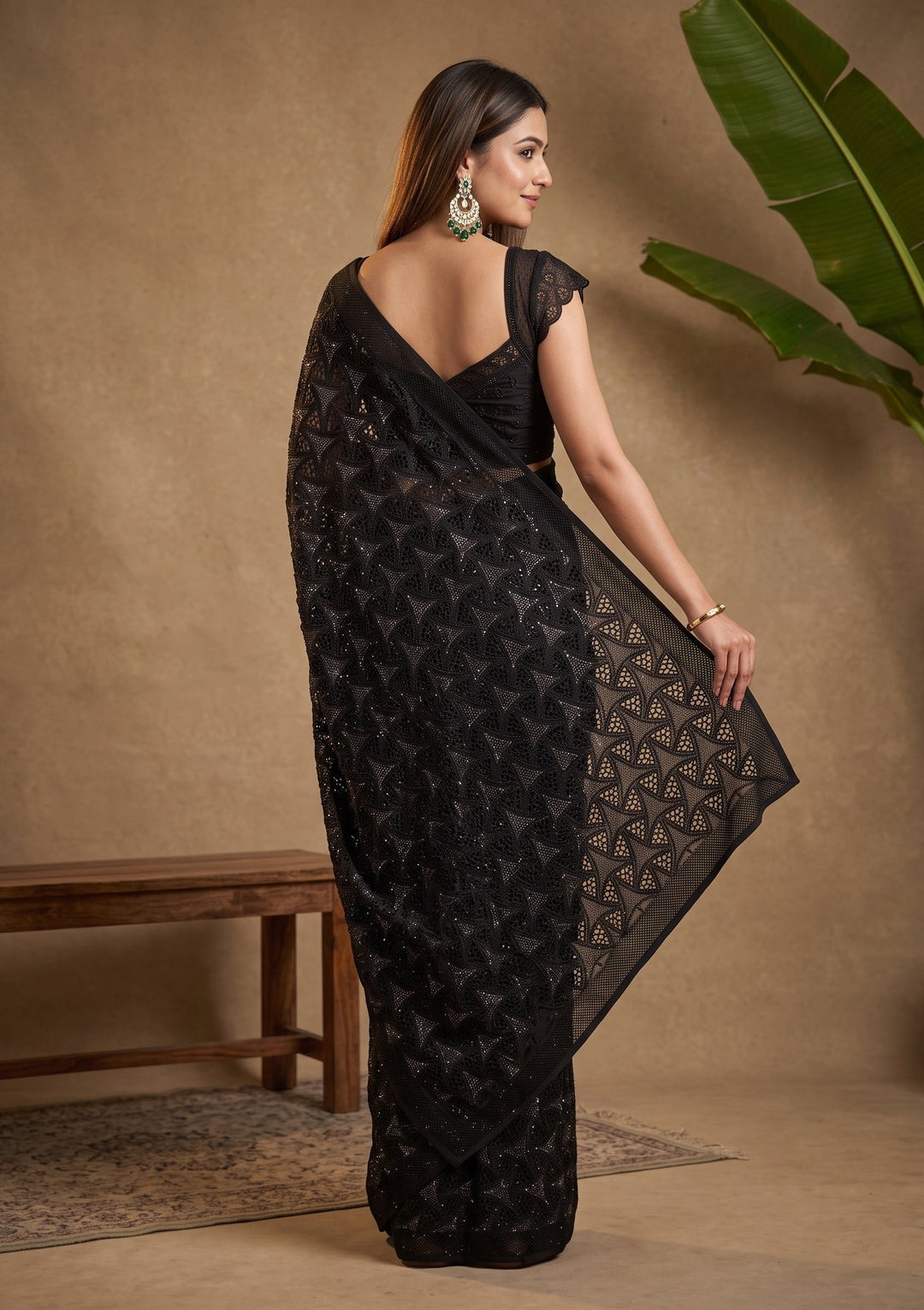 Black Swarovski Satin Saree