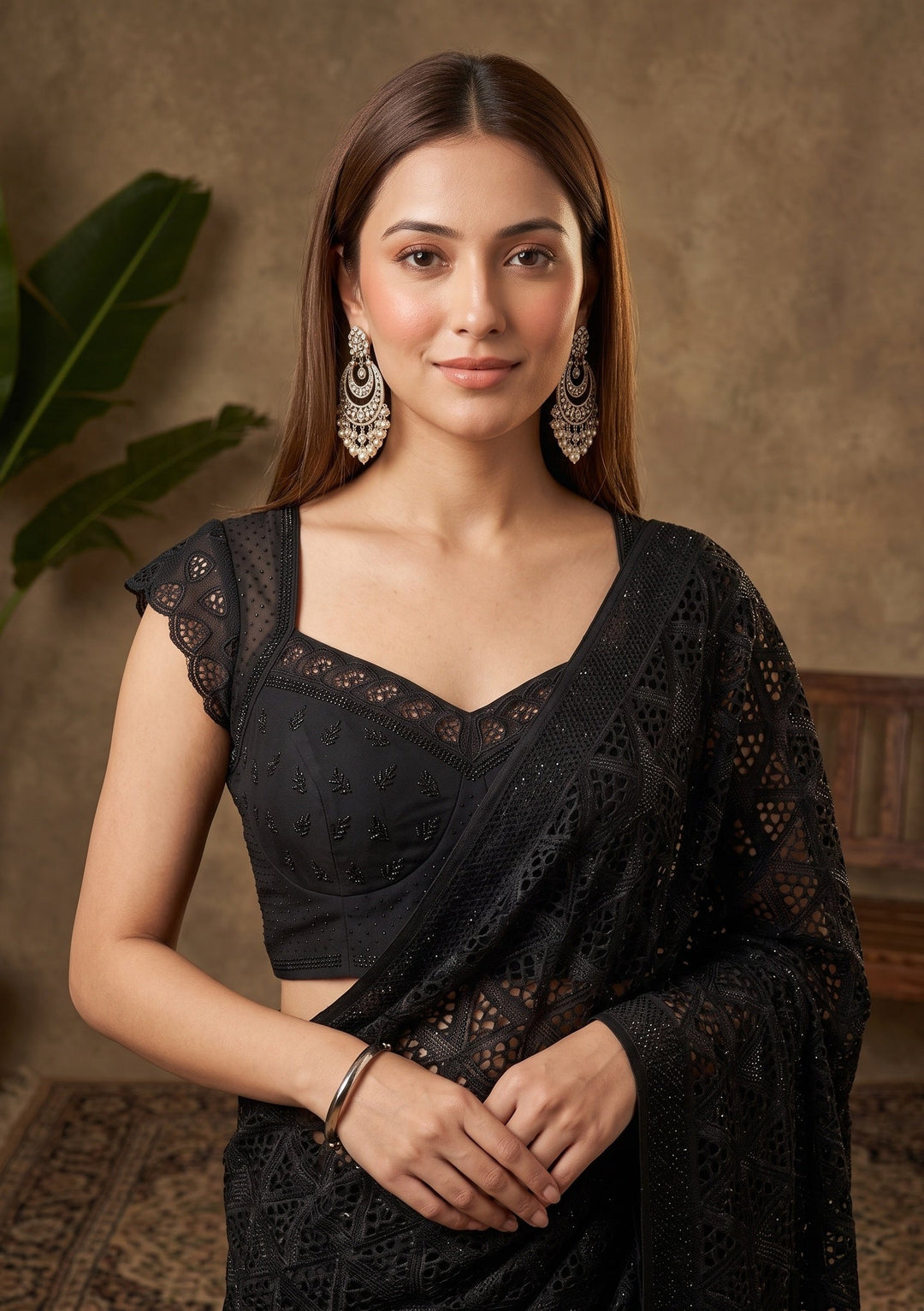 Black Swarovski Satin Saree