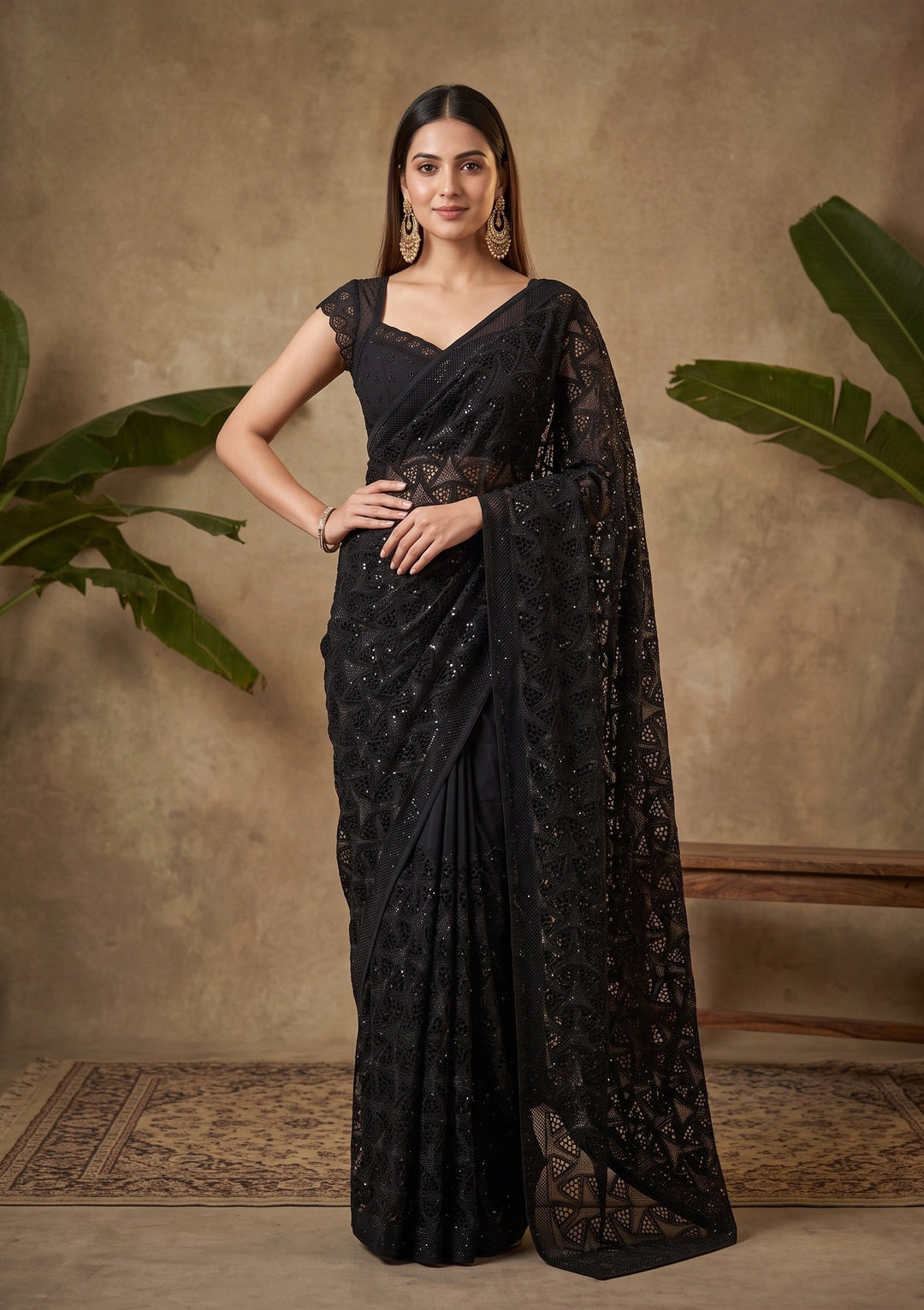 Black Swarovski Satin Saree