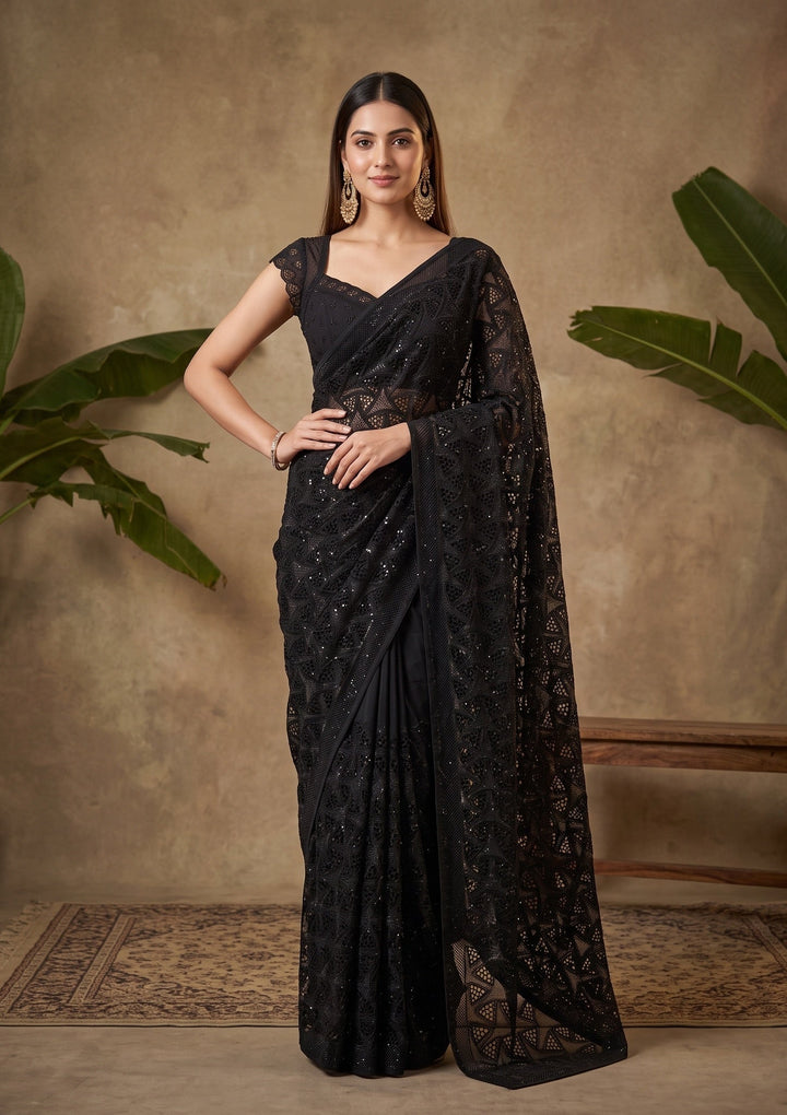 Black Swarovski Satin Saree