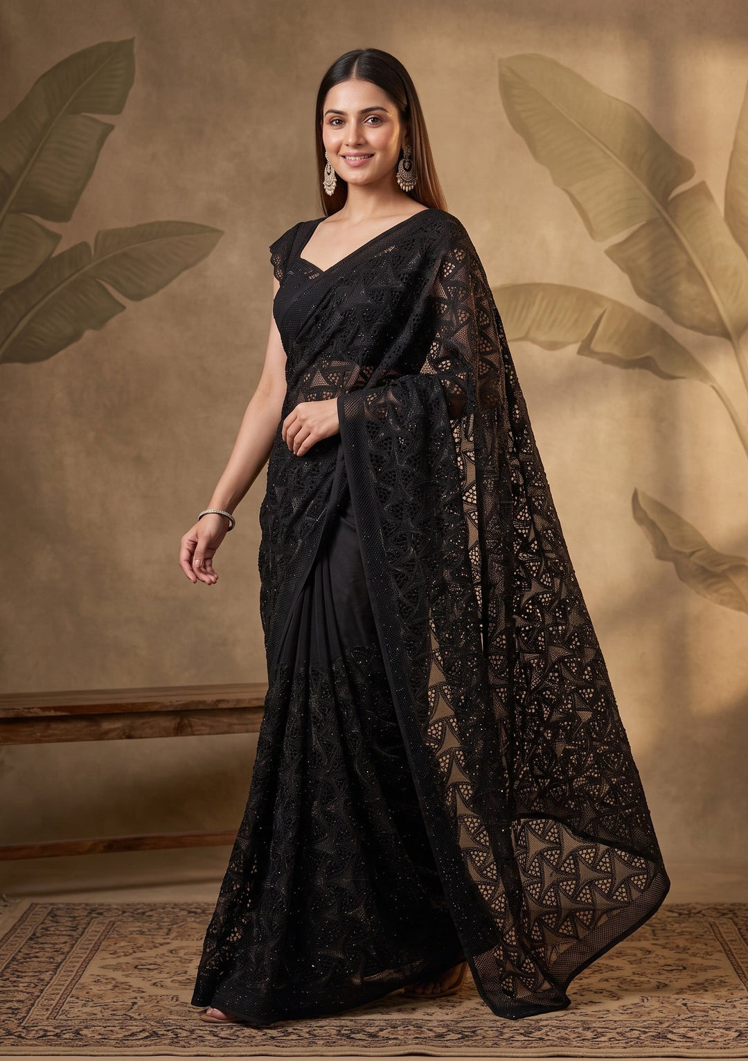 Black Swarovski Satin Saree