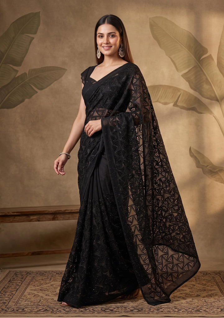 Black Swarovski Satin Saree
