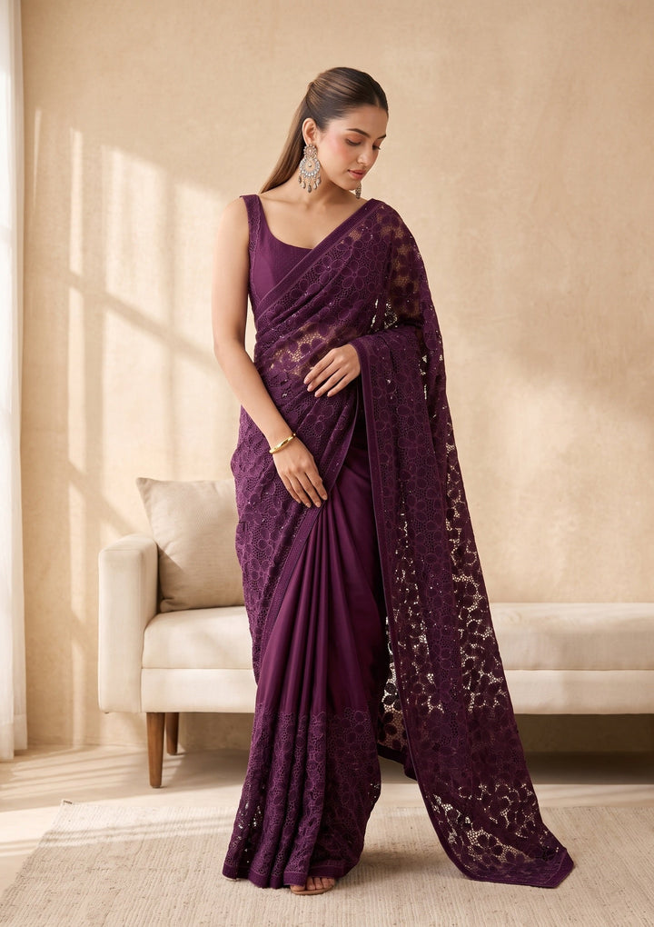 Wine Swarovski Satin Saree