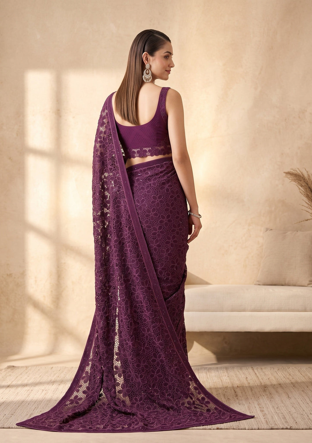 Wine Swarovski Satin Saree