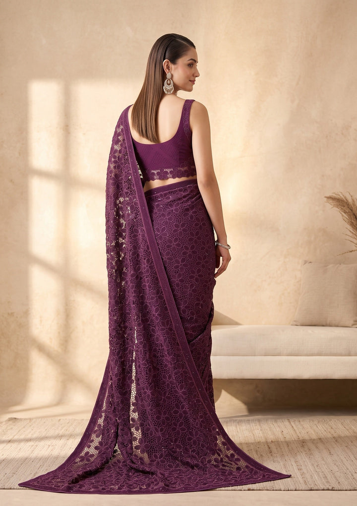 Wine Swarovski Satin Saree