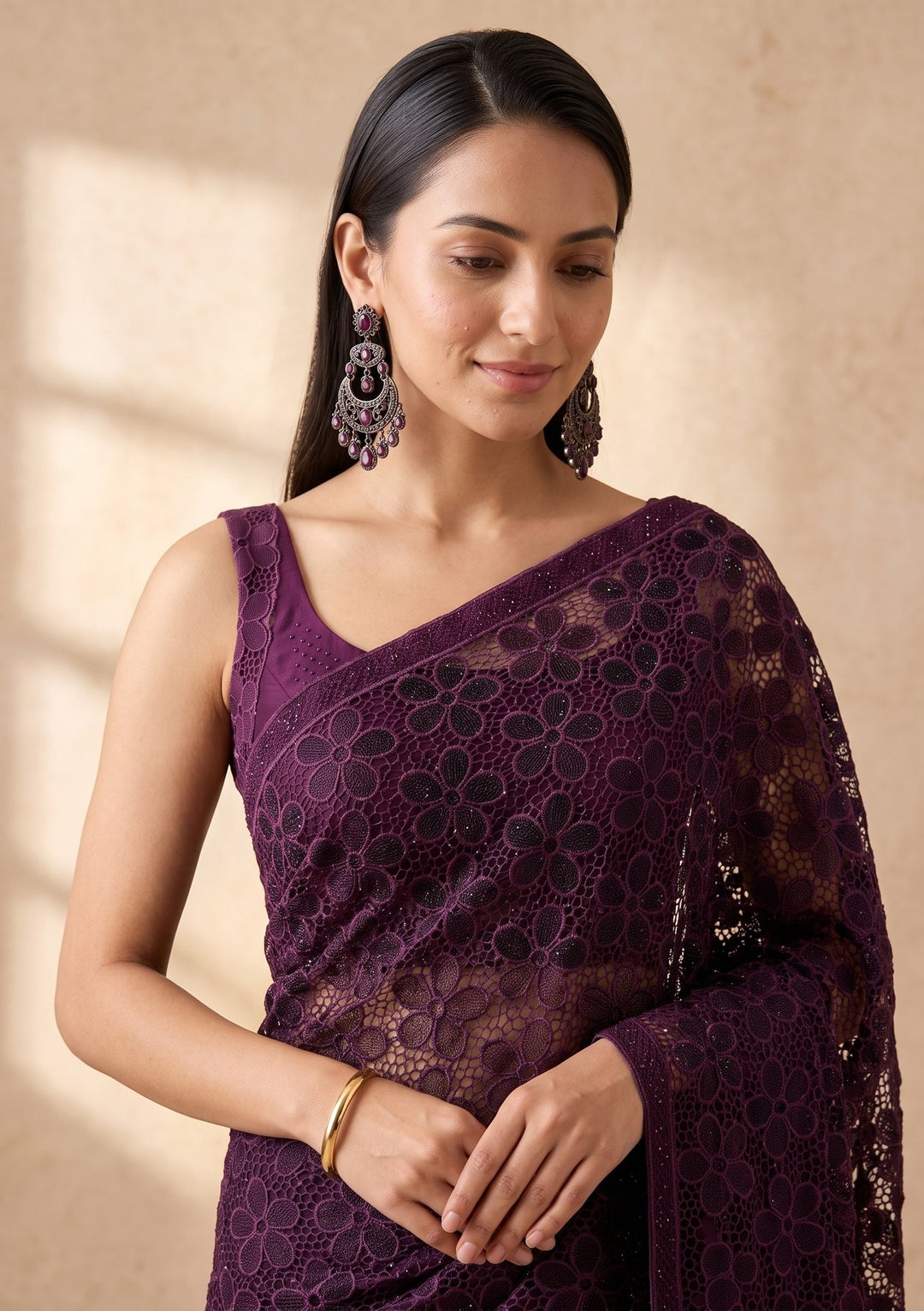 Wine Swarovski Satin Saree