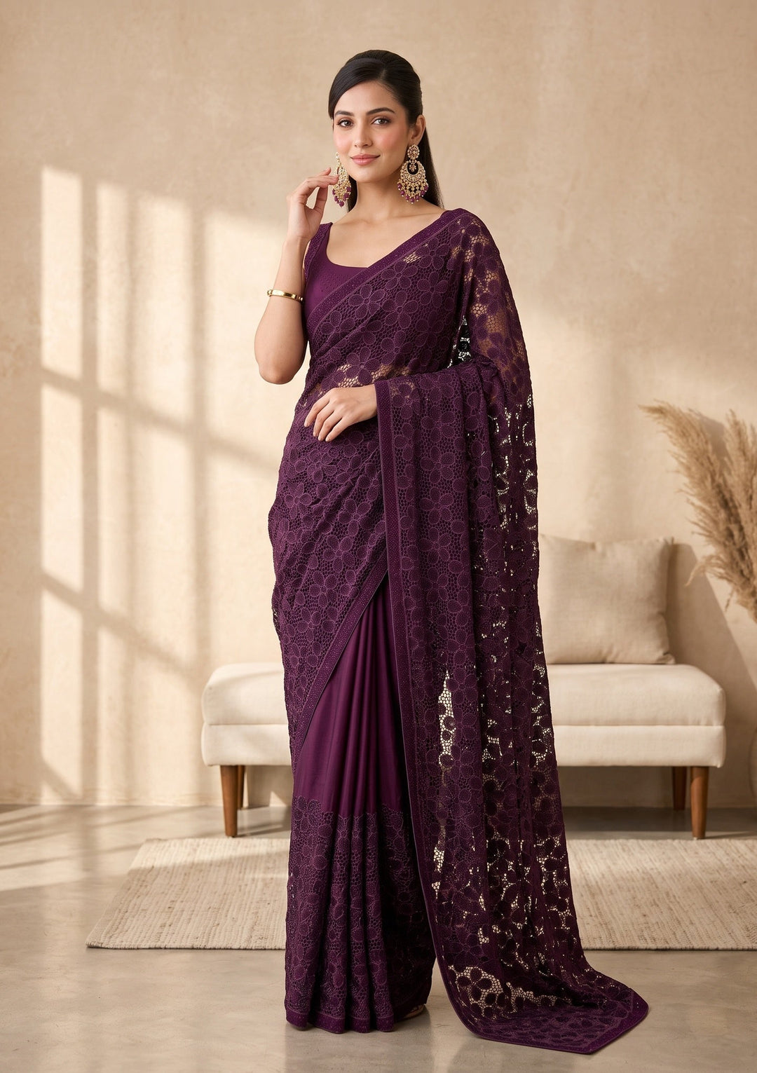 Wine Swarovski Satin Saree