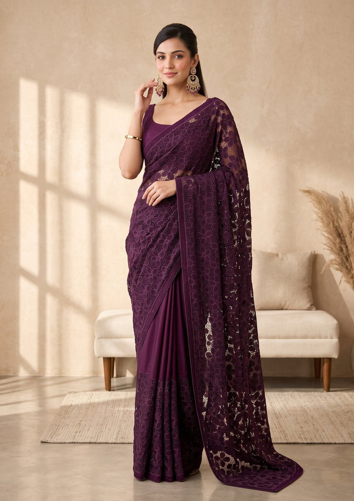 Wine Swarovski Satin Saree