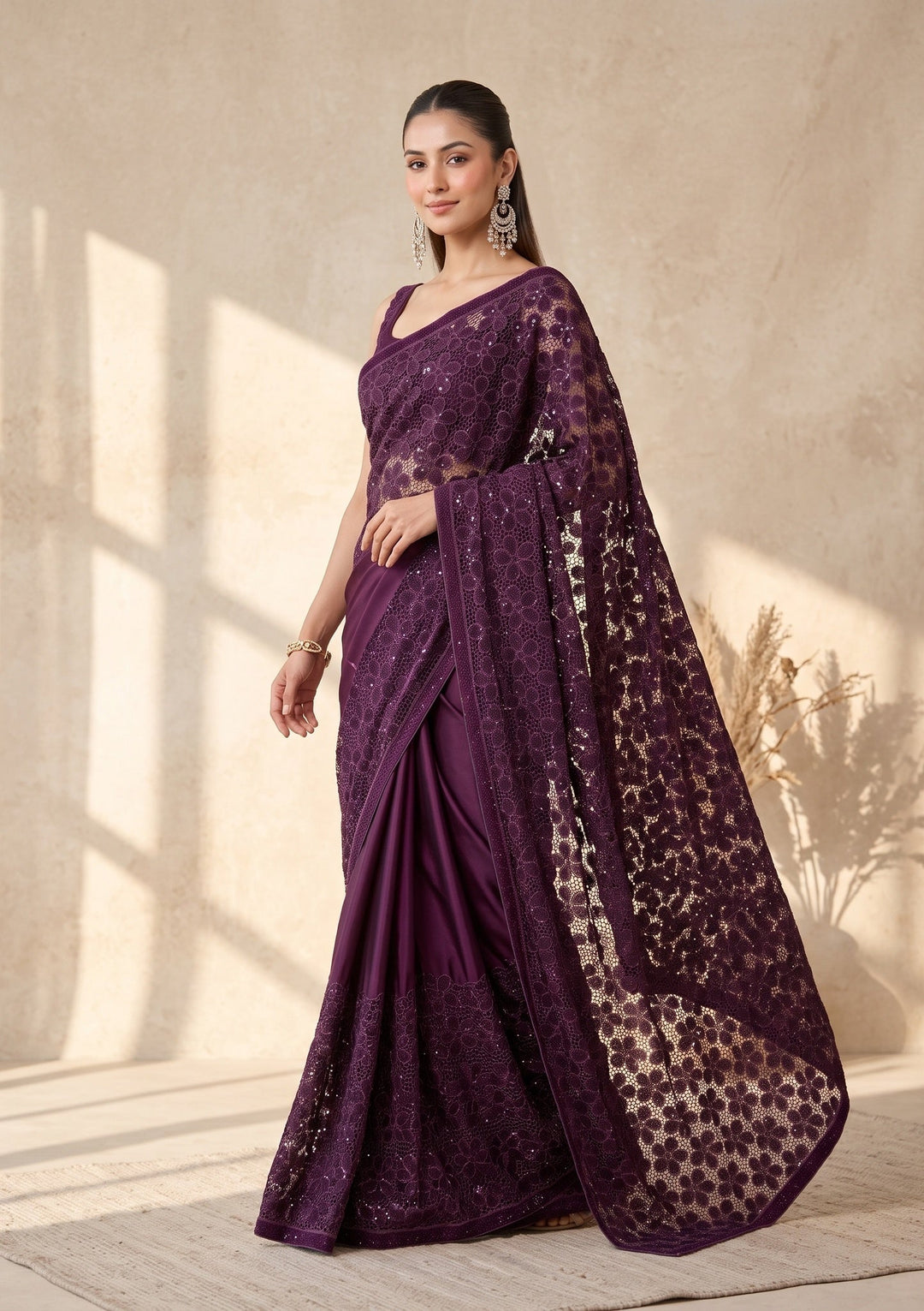 Wine Swarovski Satin Saree