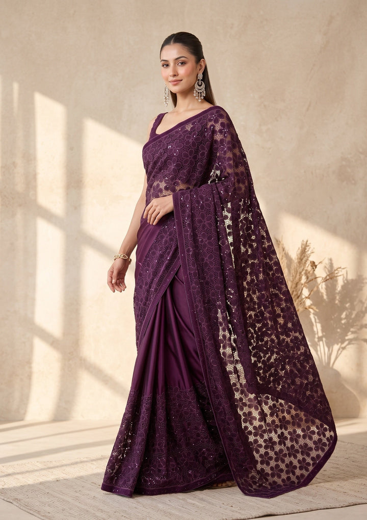 Wine Swarovski Satin Saree