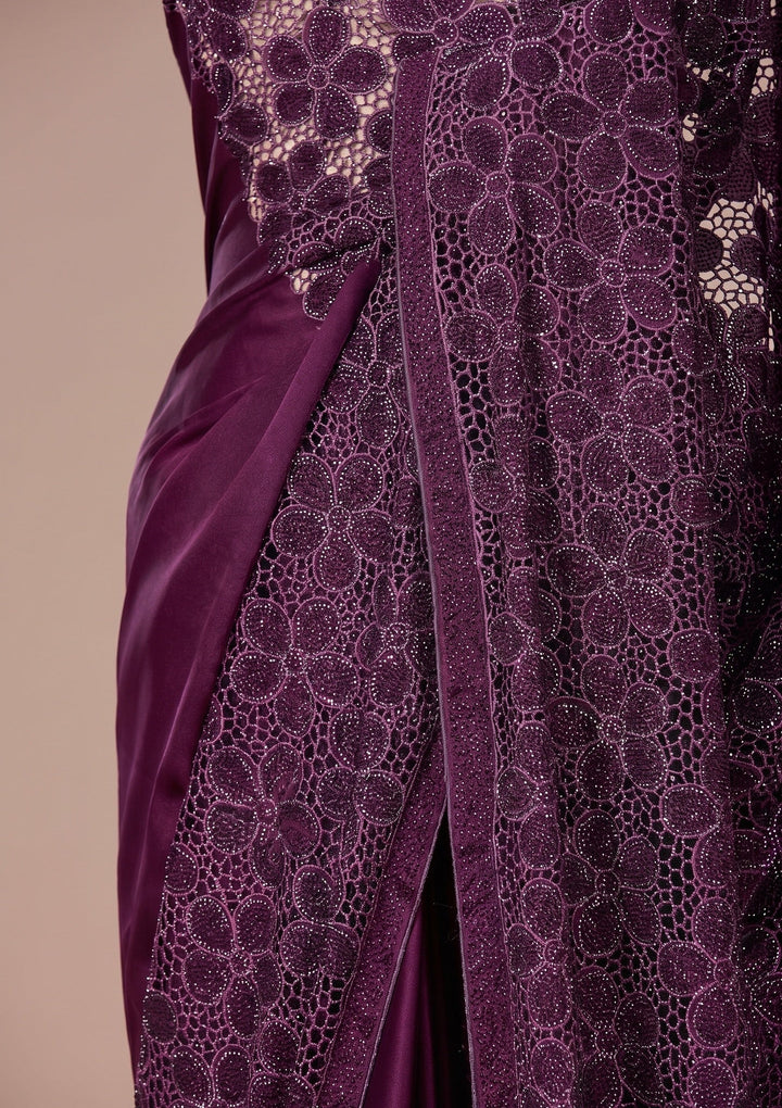 Wine Swarovski Satin Saree