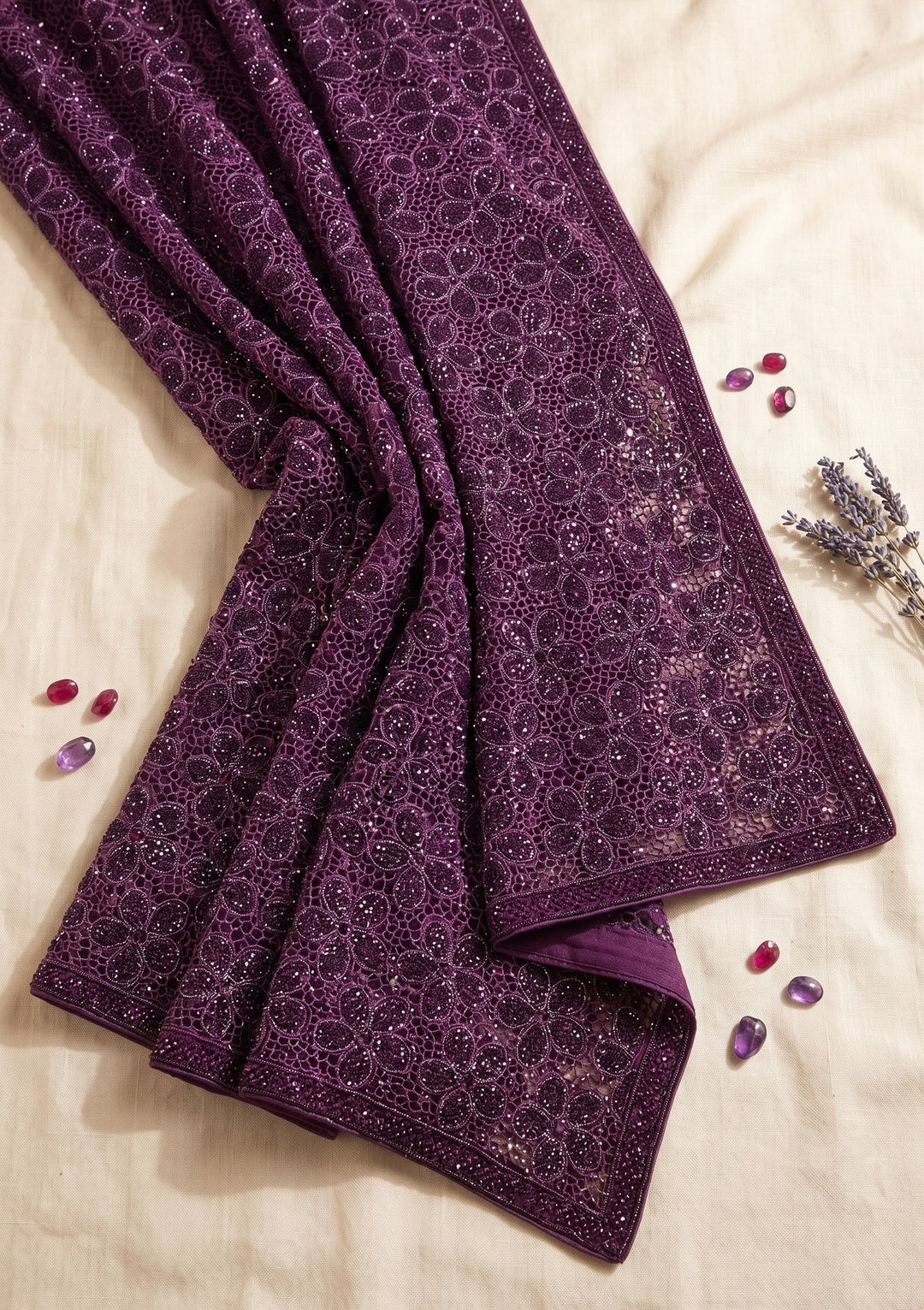 Wine Swarovski Satin Saree