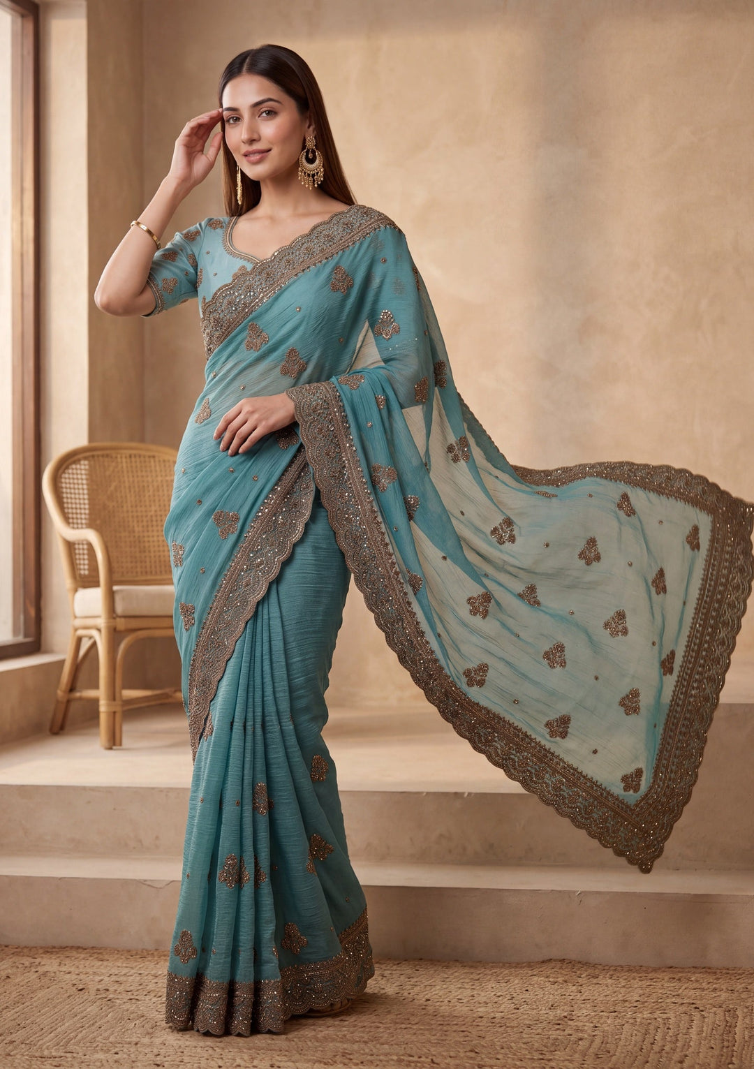 Blue Tissue Cording Saree With Matching Blouse Piece