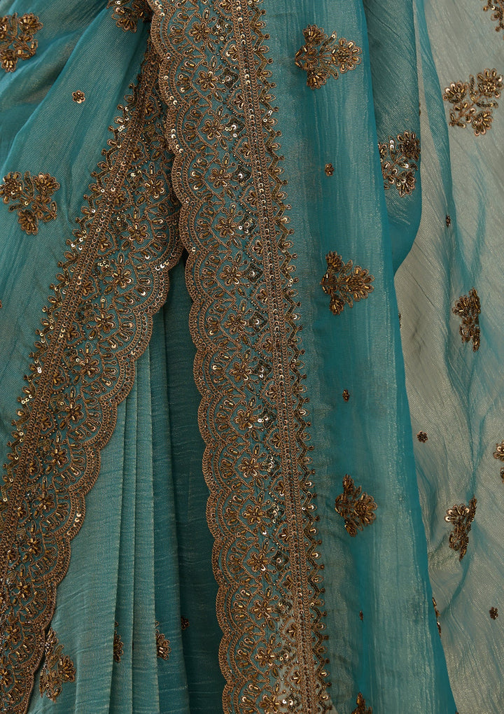 Blue Tissue Cording Saree With Matching Blouse Piece