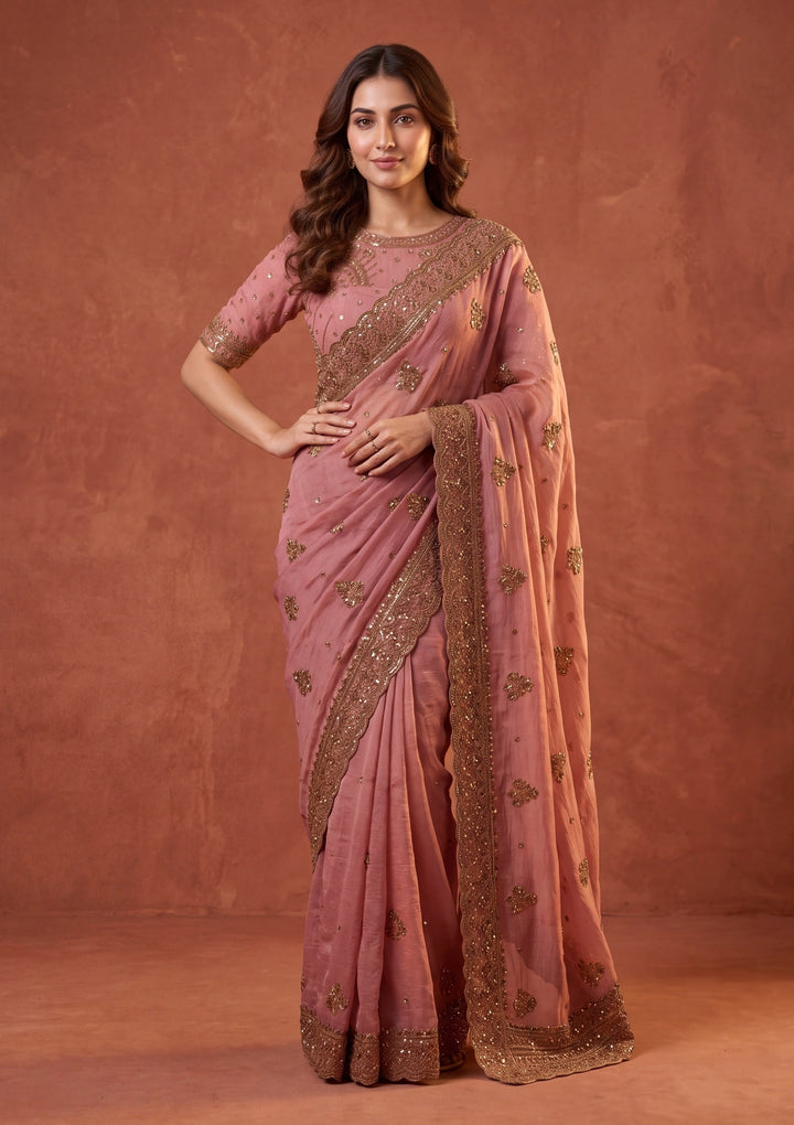 Onion Pink Tissue Cording Saree With Matching Blouse Piece