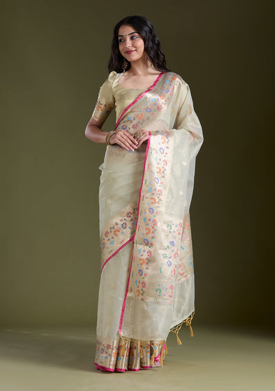Cream Zariwork (Gold) Banarasi Silk Saree-koskii