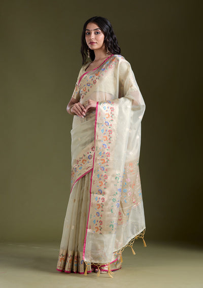 Cream Zariwork (Gold) Banarasi Silk Saree-koskii