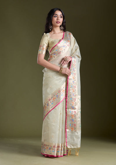 Cream Zariwork (Gold) Banarasi Silk Saree-koskii