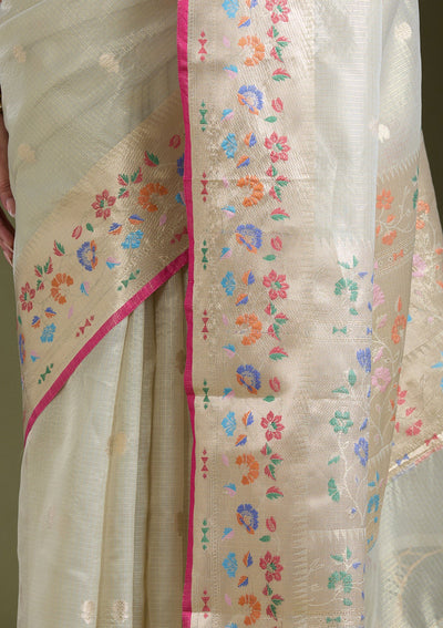 Cream Zariwork (Gold) Banarasi Silk Saree-koskii