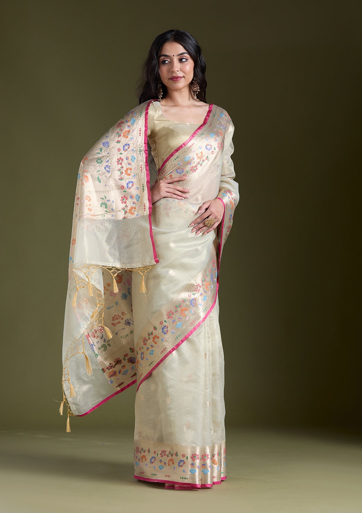 Cream Zariwork (Gold) Banarasi Silk Saree-koskii
