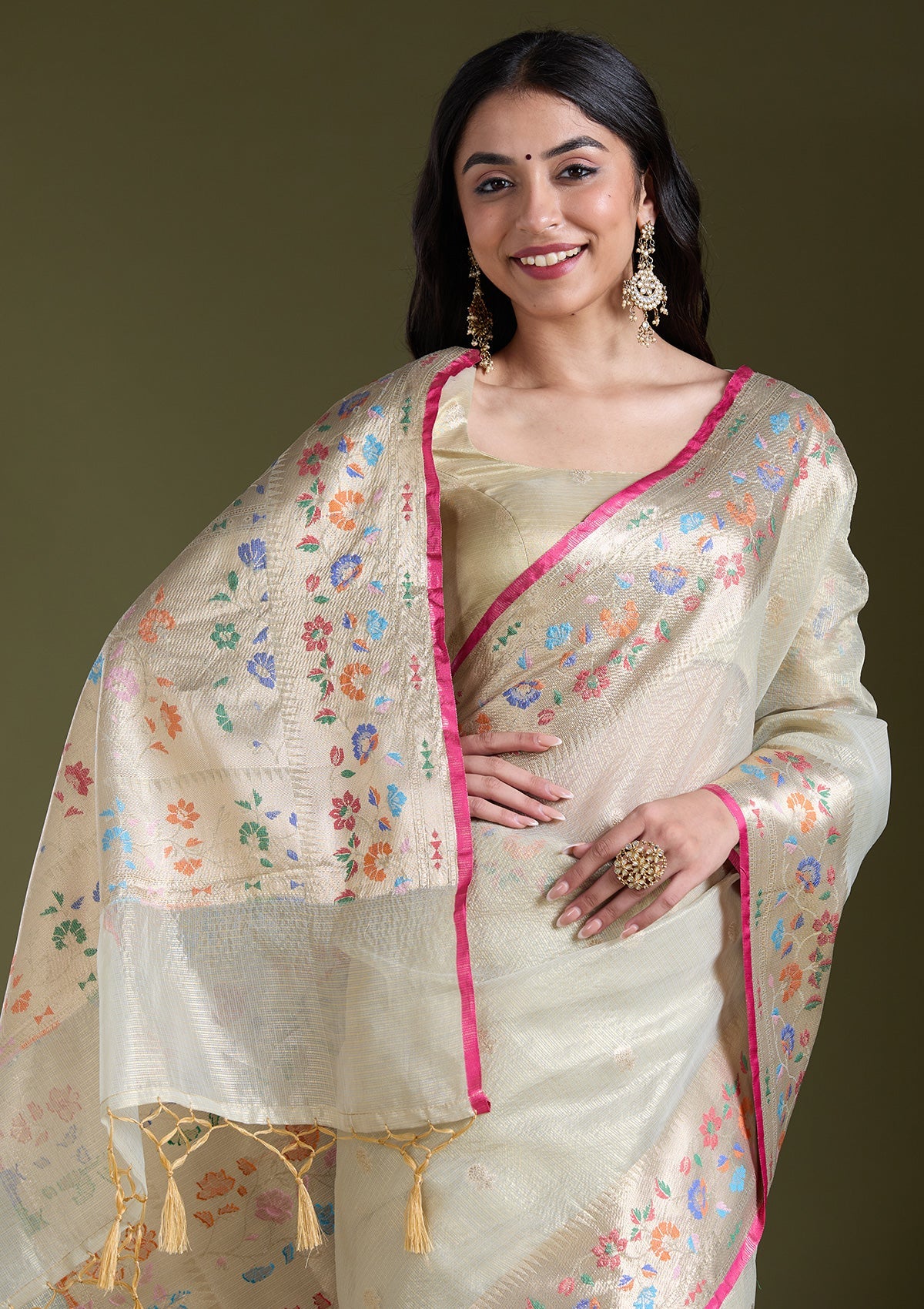 Cream Zariwork (Gold) Banarasi Silk Saree-koskii
