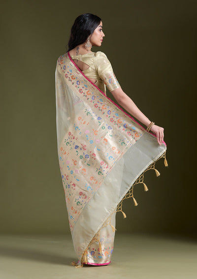 Cream Zariwork (Gold) Banarasi Silk Saree-koskii