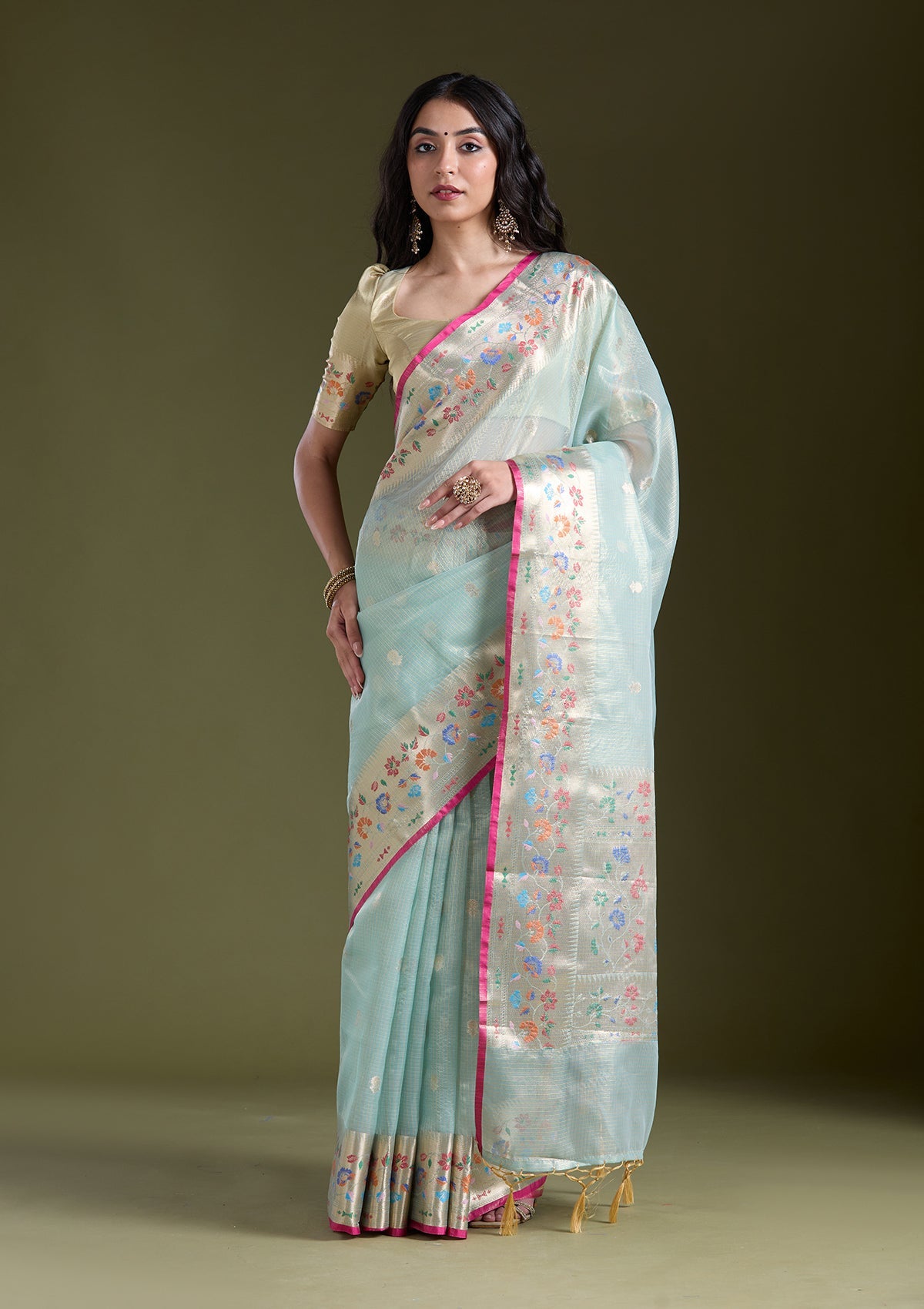 Sea Green Zariwork (Gold) Banarasi Silk Saree-koskii