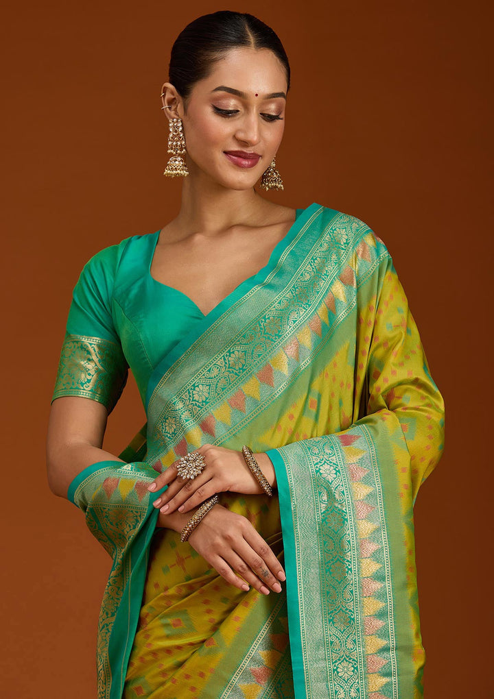 Parrot Green Pochampalli Silk Saree-Koskii
