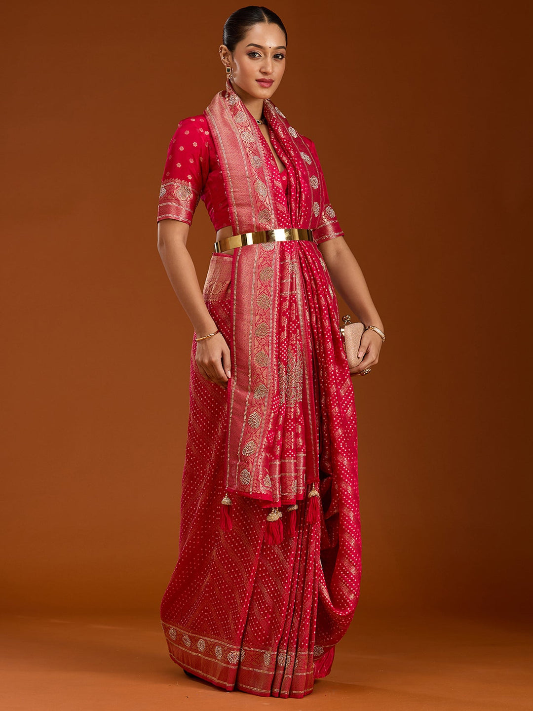 Magenta Pink Stonework Silk Saree-Koskii