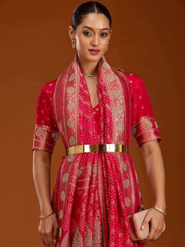 Magenta Pink Stonework Silk Saree-Koskii