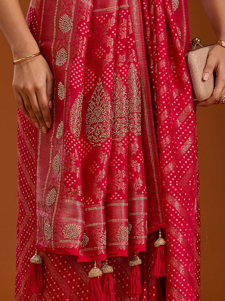 Magenta Pink Stonework Silk Saree-Koskii