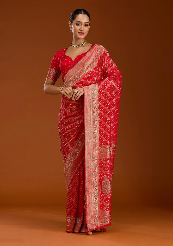 Red Stonework Silk Saree-Koskii