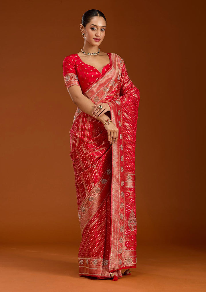Red Stonework Silk Saree-Koskii