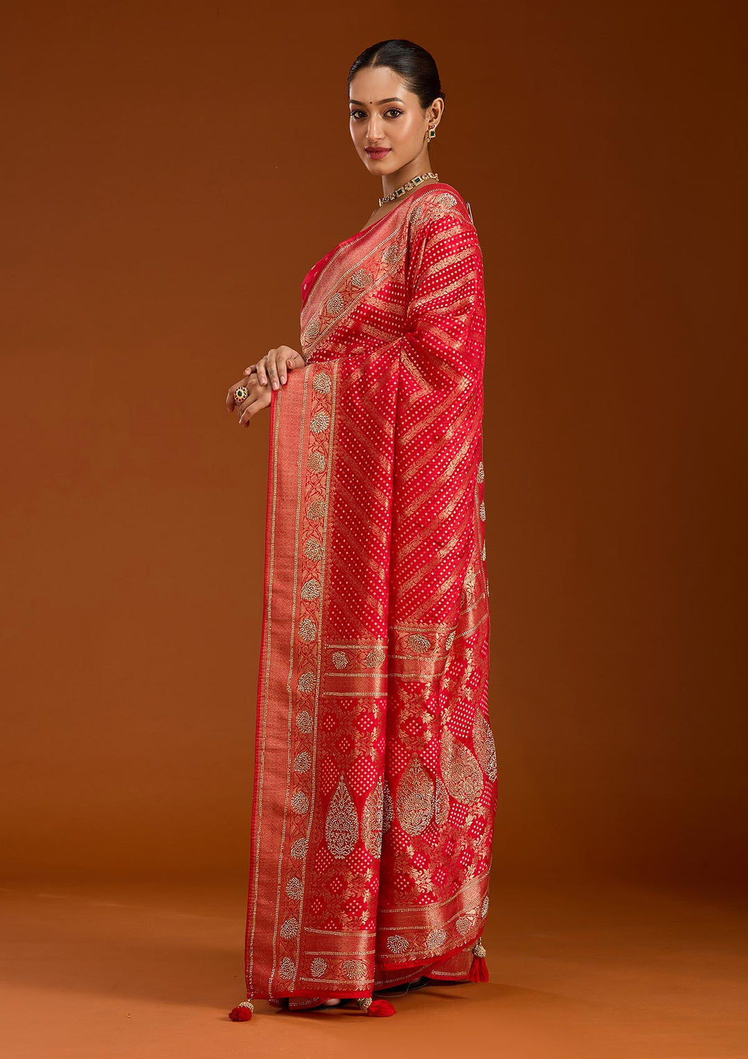 Red Stonework Silk Saree-Koskii