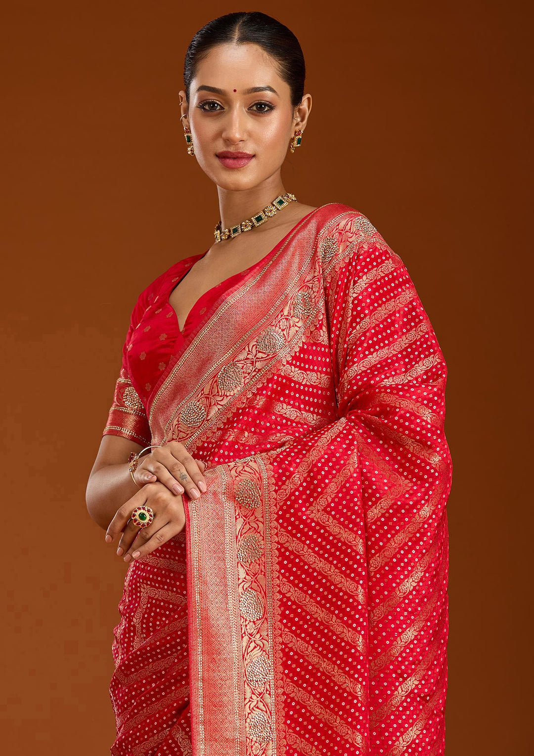 Red Stonework Silk Saree-Koskii
